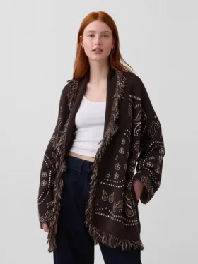 Cardigan tipo chal con flecos de mezcla de algodón