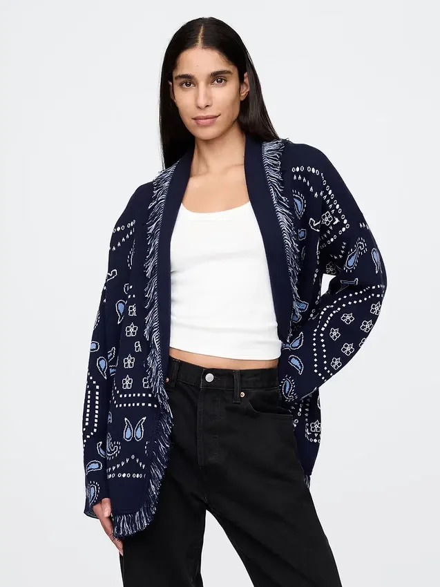 Cardigan tipo chal con flecos de mezcla de algodón