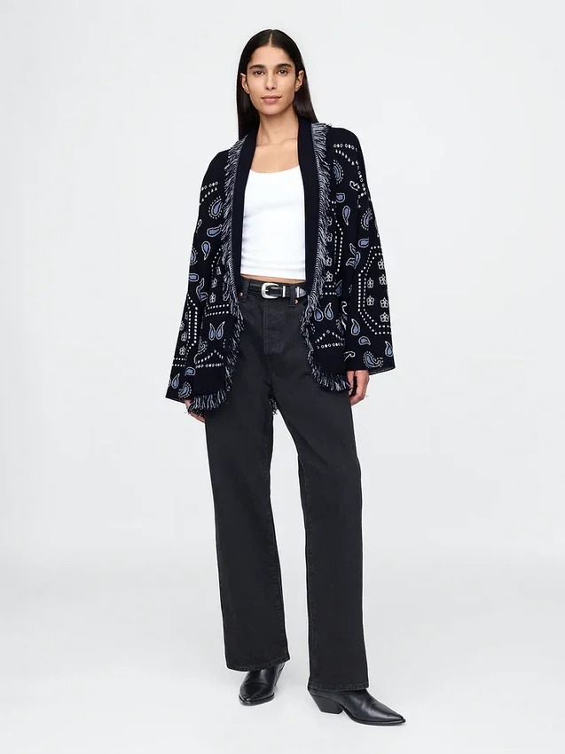 Cardigan tipo chal con flecos de mezcla de algodón