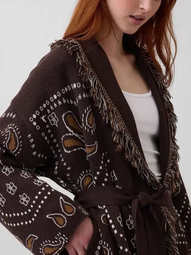 Cardigan tipo chal con flecos de mezcla de algodón