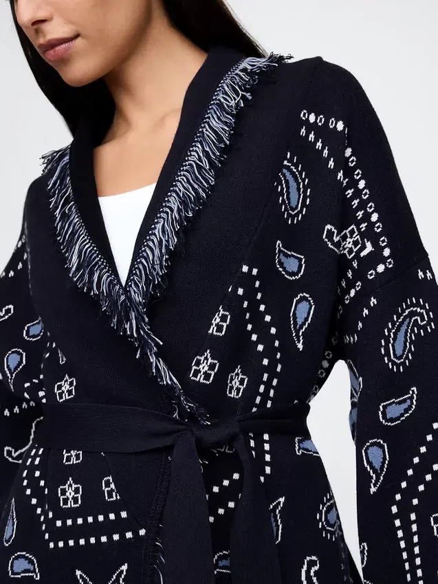 Cardigan tipo chal con flecos de mezcla de algodón