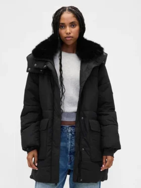 Chaqueta acolchada midi con ribete de piel sintética