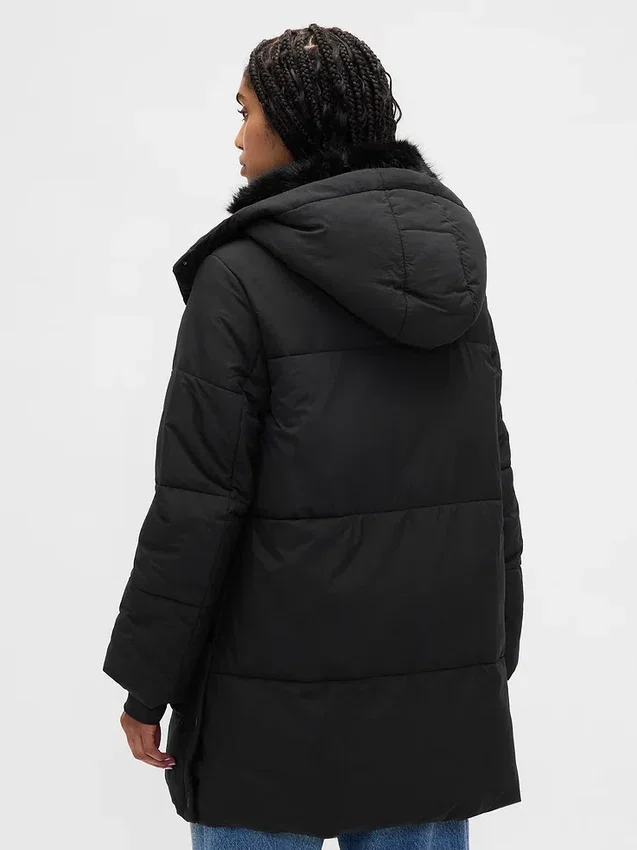 Chaqueta acolchada midi con ribete de piel sintética