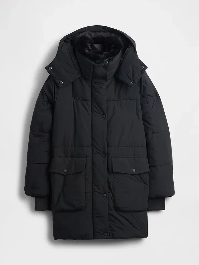 Chaqueta acolchada midi con ribete de piel sintética