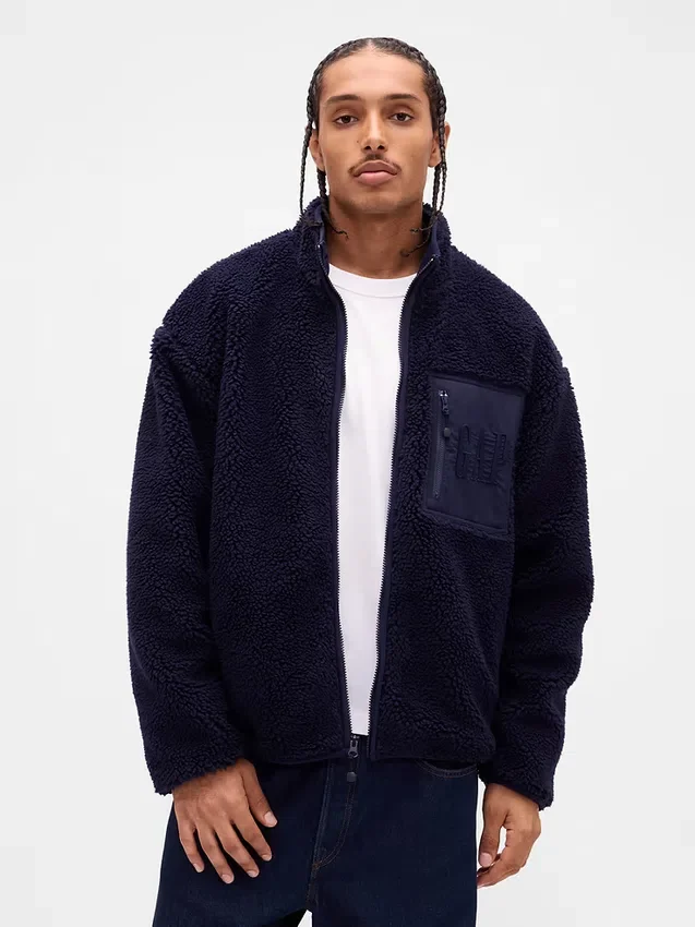 Chaqueta con cremallera de sherpa reciclado y logo extragrande