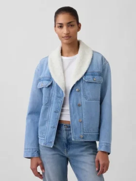 Chaqueta de mezclilla con cuello chal y forro de sherpa