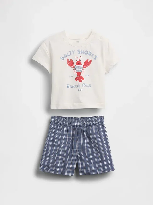 Conjunto de camiseta con diseño de langosta bebé y pantalones cortos a cuadros