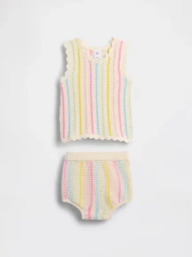 Conjunto de camiseta sin mangas y shorts a rayas de ganchillo para bebé