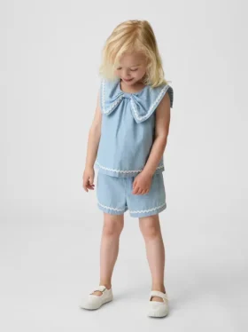 Conjunto de denim con moño para bebés y niños pequeños