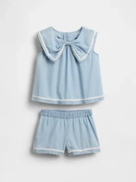 Conjunto de denim con moño para bebés y niños pequeños