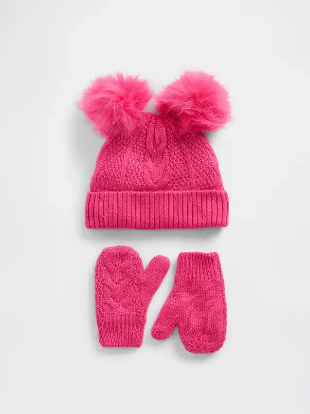 Conjunto de gorro y mitones con pompón de punto trenzado para bebés y niños