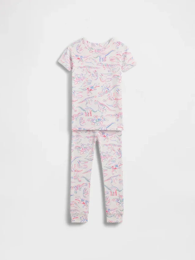 Conjunto de pijama de algodón orgánico cepillado con estampado de dinosaurios para bebés y niños