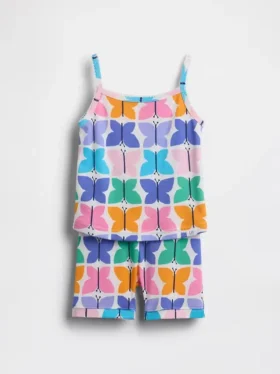 Conjunto de pijama de algodón orgánico cepillado con estampado de mariposas para Bebé y Niño (camiseta sin mangas y pantalones cortos)