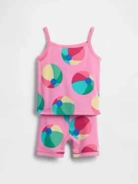 Conjunto de pijama de algodón orgánico cepillado con estampado de pelotas de playa para Bebé y Niño (camiseta sin mangas y pantalones cortos)