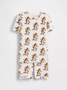 Conjunto de pijama de pantalones cortos para niños de algodón orgánico cepillado con diseño de perrito caliente