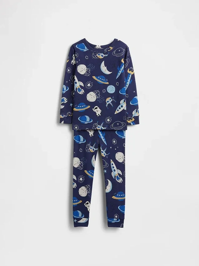 Conjunto de pijama espacial de algodón orgánico cepillado para bebés y niños