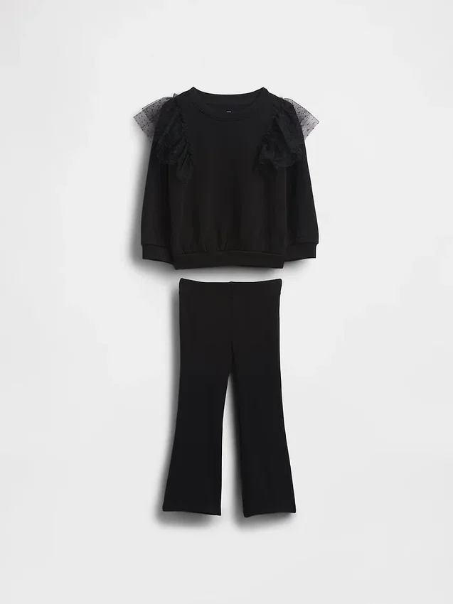 Conjunto de sudadera de tul y leggings acampanados con ribete para bebés y niños pequeños