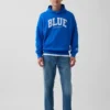 Consigue la sudadera con capucha de felpa francesa gruesa azul con logotipo