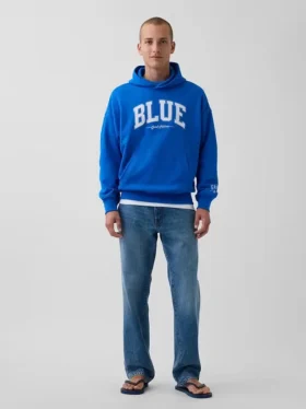 Consigue la sudadera con capucha de felpa francesa gruesa azul con logotipo