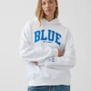 Consigue la sudadera con capucha de felpa francesa gruesa azul con logotipo
