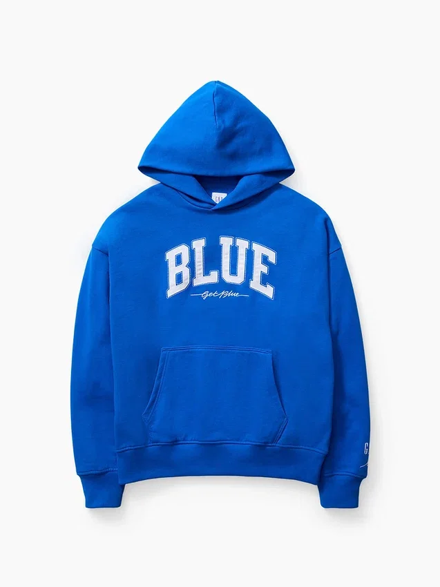 Consigue la sudadera con capucha de felpa francesa gruesa azul con logotipo