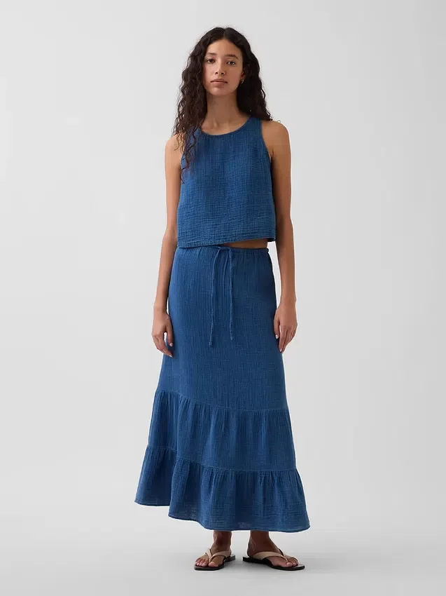 Falda maxi holgada en capas de gasa de algodón con efecto denim