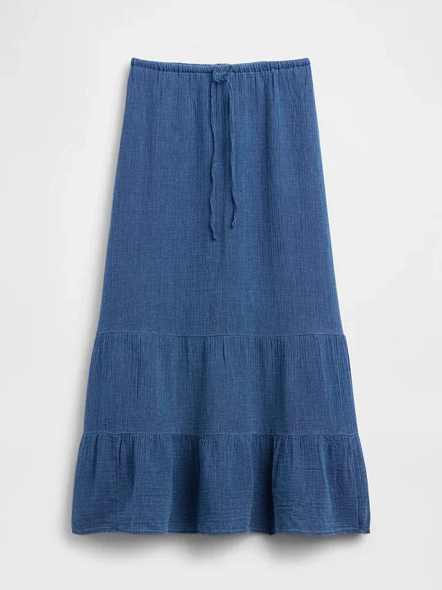 Falda maxi holgada en capas de gasa de algodón con efecto denim