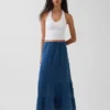 Falda maxi holgada en capas de gasa de algodón con efecto denim