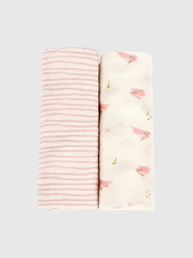Juego de mantitas de bambú con conejito y onda rosa
