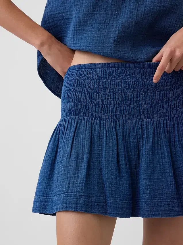 Mini falda-pantalón de mezclilla de gasa de algodón con cintura fruncida