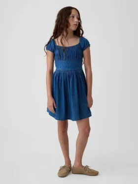 Mini vestido de mezclilla para niñas con mangas abullonadas