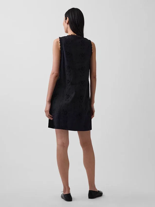 Mini vestido recto bordado de mezcla de lino