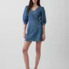 Minivestido de mezclilla ultrasuave con mangas abullonadas
