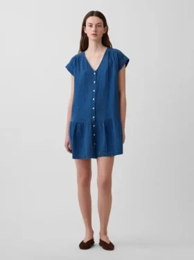 Minivestido tipo camisa de mezclilla de gasa de algodón con cintura baja