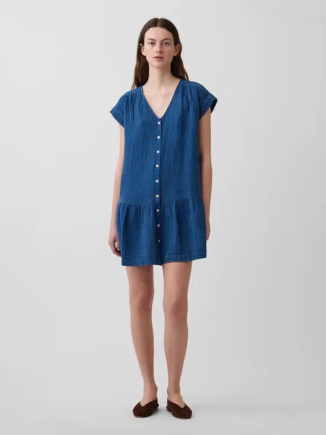 Minivestido tipo camisa de mezclilla de gasa de algodón con cintura baja