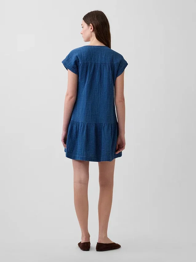 Minivestido tipo camisa de mezclilla de gasa de algodón con cintura baja