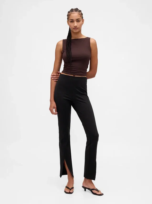 Pantalones acampanados de doble tejido con tiro alto y dobladillo abierto