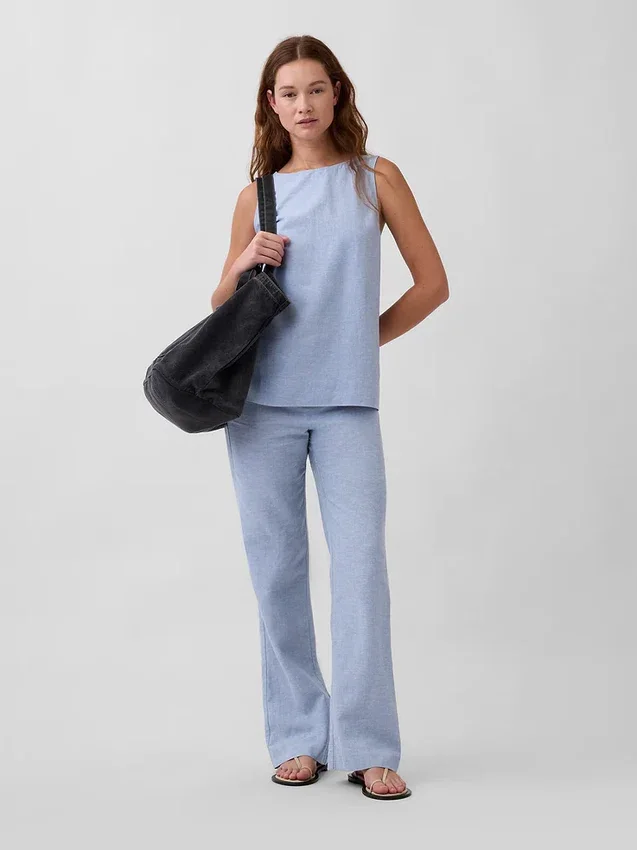 Pantalones acampanados de mezcla de lino de talle bajo