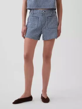 Pantalones cortos de mezclilla de corte recto holgado con estampado de cuadros vichy y talle alto de 3.5″