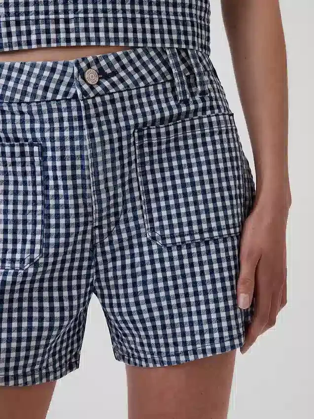 Pantalones cortos de mezclilla de corte recto holgado con estampado de cuadros vichy y talle alto de 3.5"