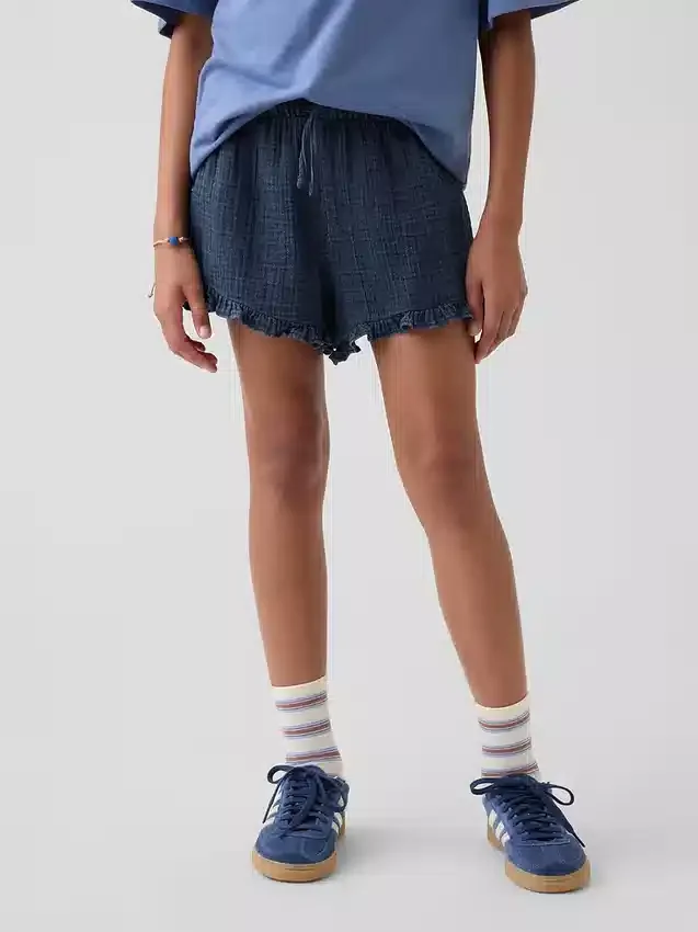 Pantalones cortos de mezclilla de gasa de algodón para niños con volantes
