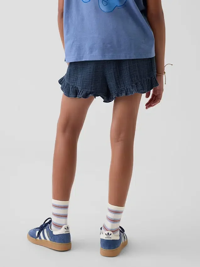 Pantalones cortos de mezclilla de gasa de algodón para niños con volantes