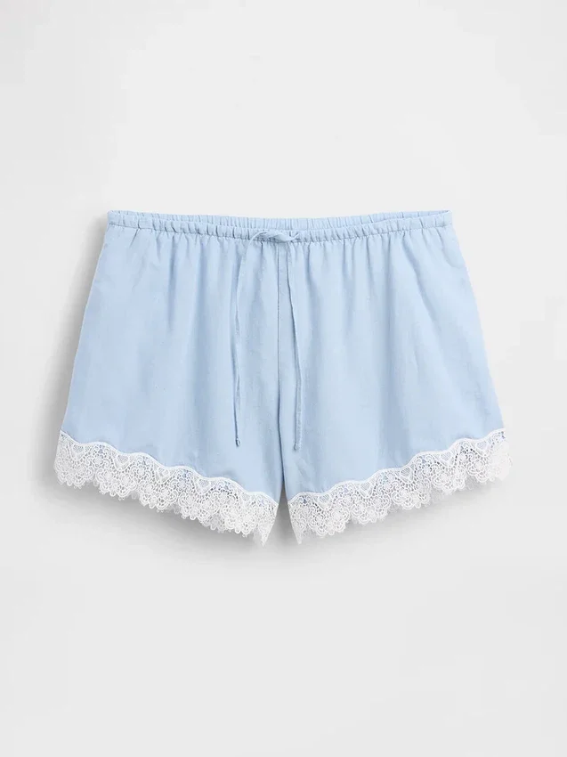 Pantalones cortos de talle medio de 4" con ribete de encaje y mezcla de lino