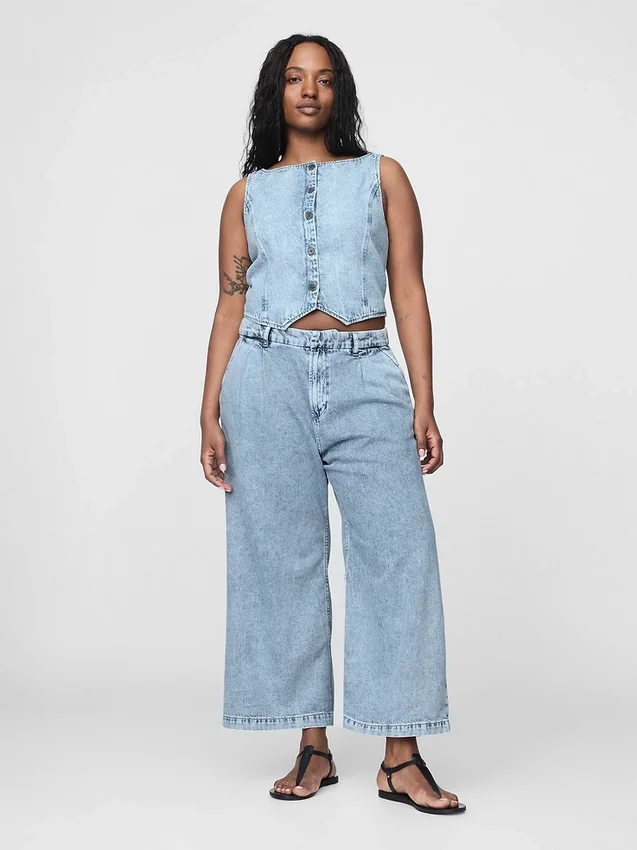 Pantalones de mezclilla de talle alto ultrasuaves con pliegues hasta el tobillo 365