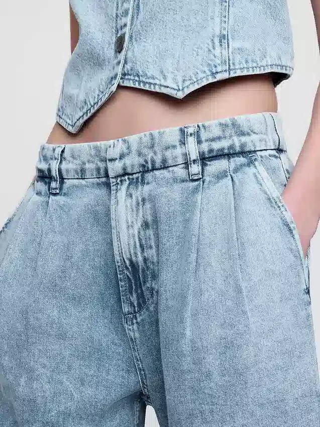 Pantalones de mezclilla de talle alto ultrasuaves con pliegues hasta el tobillo 365
