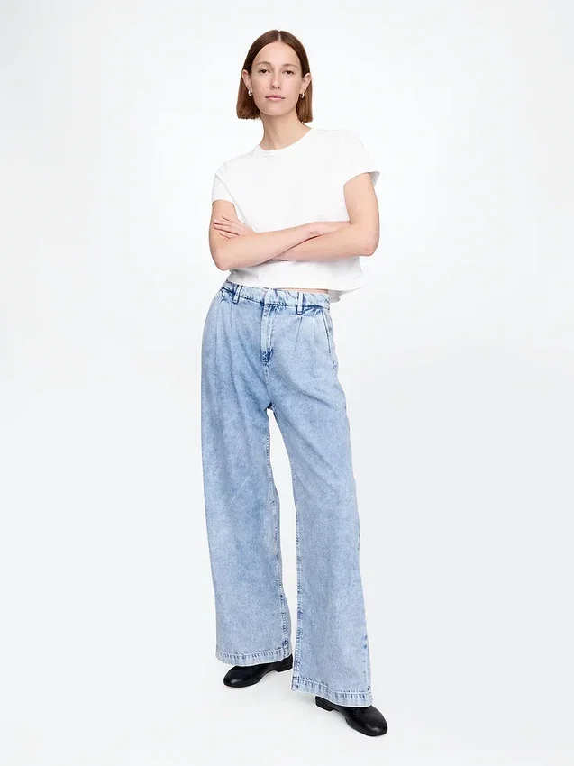 Pantalones de mezclilla plisados ultrasuaves de talle alto 365