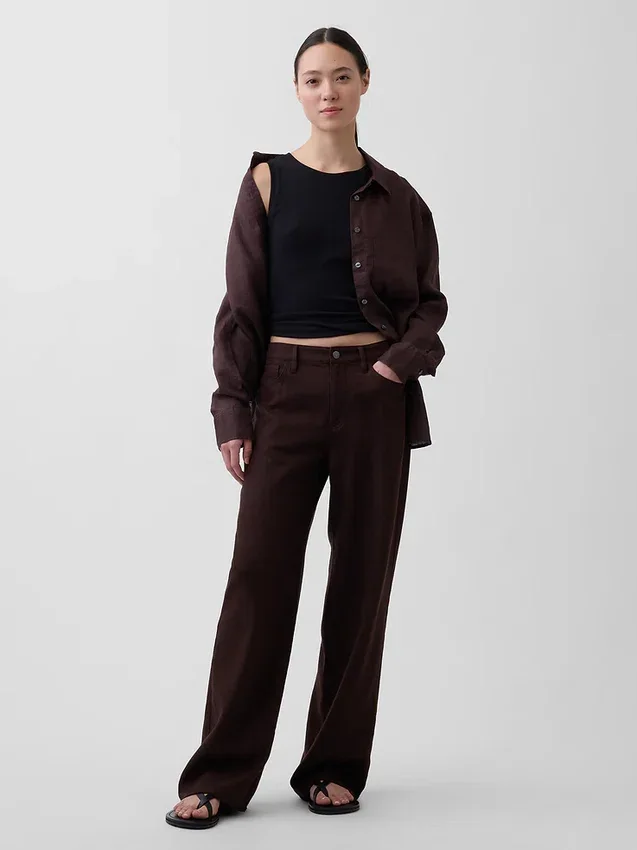 Pantalones de pierna ancha de mezcla de lino y algodón