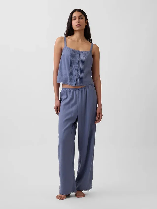 Pantalones de pijama de mezcla de lino con dobladillo de encaje