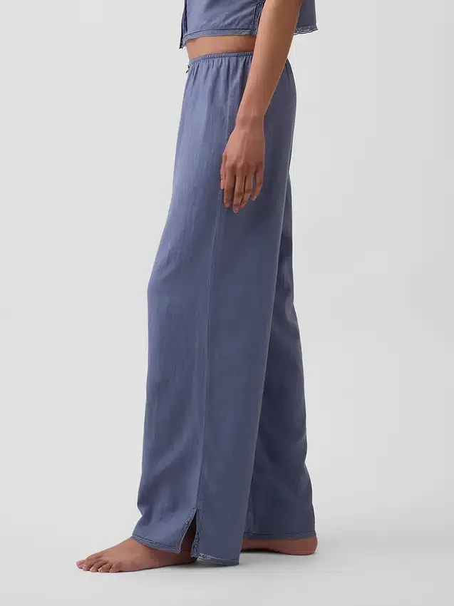 Pantalones de pijama de mezcla de lino con dobladillo de encaje