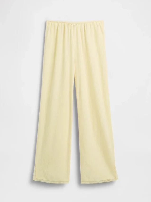 Pantalones de pijama de mezcla de lino con dobladillo de encaje